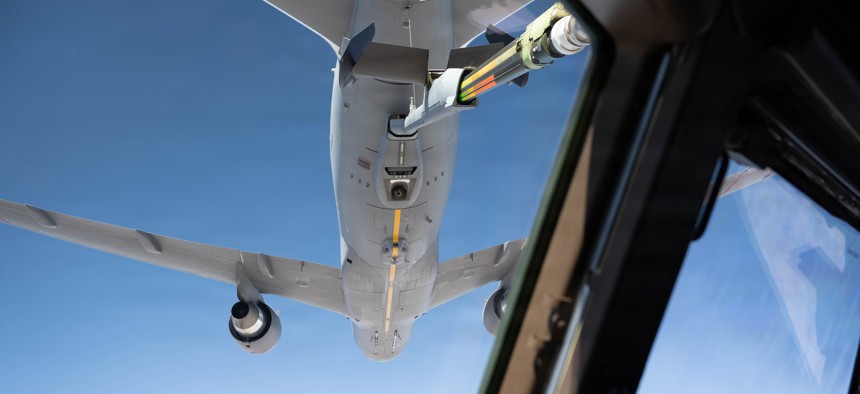 One KC-46 Pegasus prepares to refuel another above Altus Air Force Base, Oklahoma, on Jan. 15, 2026