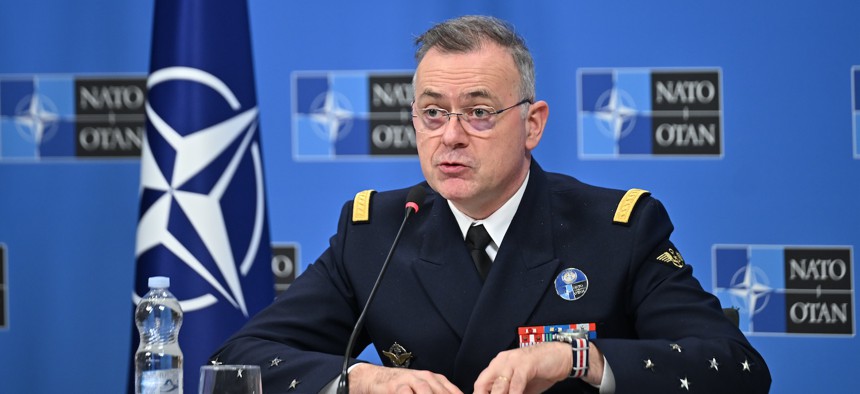 Adm. Pierre Vandier address journalists in Brussels, Belgium, on January 22, 2026.