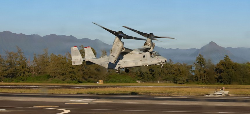 A Marine Corps MV-22B Osprey assigned to Marine Medium Tiltrotor Squadron 268, Marine Aircraft Group 24, 1st Marine Aircraft Wing, takes off at Marine Corps Air Station Kaneohe Bay, Hawaii, Jan 27, 2026.