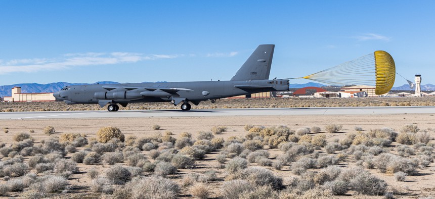 Aircrew from the 419th Flight Test Squadron at Edwards Air Force Base, Calif., land a B-52 Stratofortress on Dec. 8, 2025. 