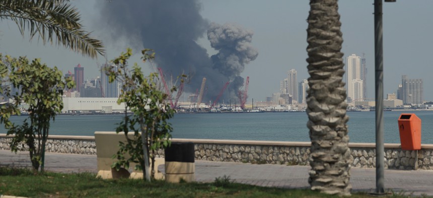 Smoke rises after Iranian strikes on the main headquarters of the U.S. Navy's 5th Fleet in Manama, Bahrain, on February 28, 2026, in retaliation for U.S.-Israeli attacks earlier in the day.