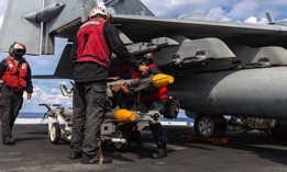 U.S. sailors load ordnance onto an F/A-18E Super Hornet aircraft aboard the aircraft carrier Gerald R. Ford for combat operations against Iran on March 1, 2026.