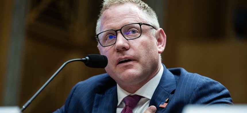 Sean Plankey, nominee to be director of the Cybersecurity and Infrastructure Security Agency, testifies during his Senate Homeland Security and Governmental Affairs Committee confirmation hearing on Thursday, July 24, 2025.