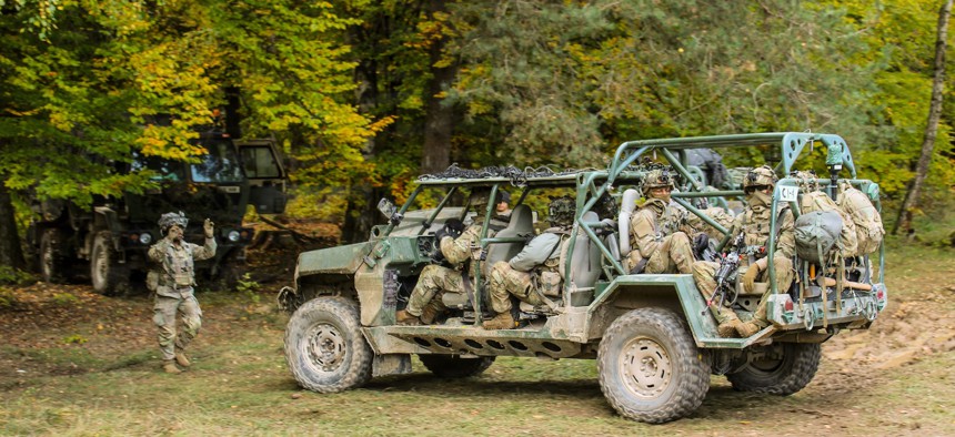 Soldiers conduct mounted patrols on their Infantry Squad Vehicles at Hohenfels Training Area, Germany on Oct. 19, 2025.