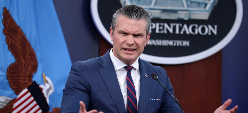 Defense Secretary Pete Hegseth speaks during a news conference at the Pentagon on March 2, 2026.