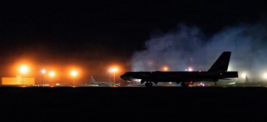 A U.S. Air Force B-52H Stratofortress bomber taxis for takeoff in support of Operation Epic Fury, March 2, 2026. 