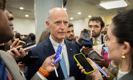 Sen. Rick Scott, R-Fla., seen here speaking to reporters on March 3, 2026, placed a hold on Sean Plankey’s nomination to lead CISA last year.