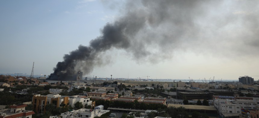 Smoke rises after Iran launched a missile attack targeting the headquarters of the U.S. Navyâs Fifth Fleet in Manama, following what it described as retaliation against U.S. and Israeli strikes, in Manama, Bahrain on February 28, 2026