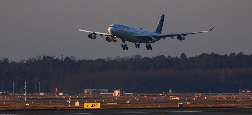 The first evacuation flight on behalf of the German government lands at Frankfurt Airport on March 5, 2026. 