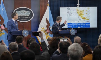 Defens Secretary Pete Hegseth and Chairman of the Joint Chiefs of Staff U.S. Air Force Gen. Dan Caine talk to reporters about the war on Iran at the Pentagon on March 10, 2026.