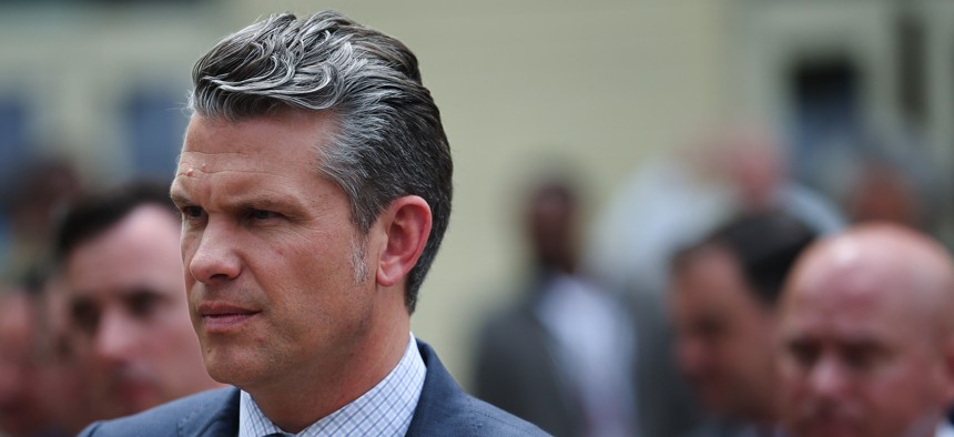 U.S. Secretary of Defense Pete Hegseth tours an exhibit of Multi-Domain Autonomous systems at the Pentagon on July 16, 2025.