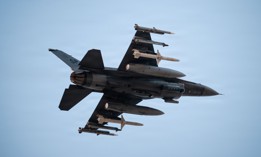 A U.S. Air Force F-16 takes flight in the Middle East in support of Operation Epic Fury, March 2, 2026. 