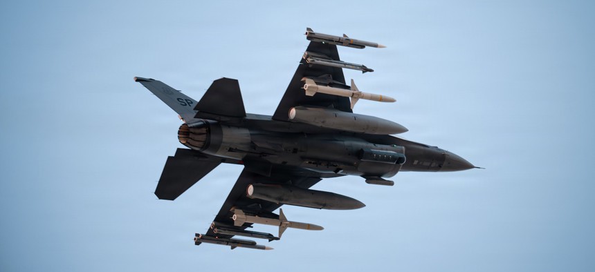 A U.S. Air Force F-16 takes flight in the Middle East in support of Operation Epic Fury, March 2, 2026. 
