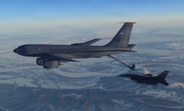A KC-135 Stratotanker refuels an F-16 fighter jet over Alaska on Feb. 19, 2026.