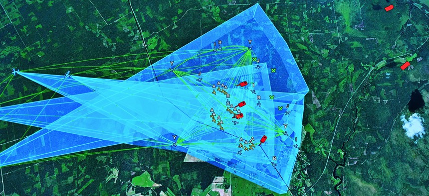 A screen shows a demonstration of the Anduril Lattice battlefield sofware during the Security Equipment International (DSEI) at London Excel on September 10, 2025, in London, England.