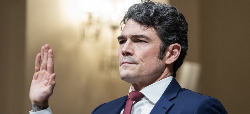 Joe Kent, director of the National Counterterrorism Center, is sworn in to the House Homeland Security Committee hearing titled "Worldwide Threats to the Homeland," in Cannon building on Wednesday, December 11, 2025.