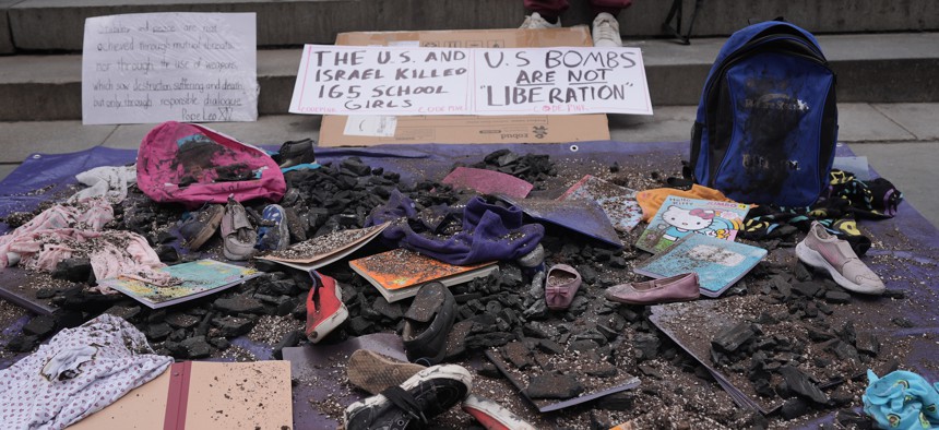 Anti-war protestors gather in front of the New York Public Library and mourn the 180 Iranian children killed during U.S.-Israeli bombing on Shajareh Tayyebeh girls' elementary school in Minab, Iran, on March 8, 2026.