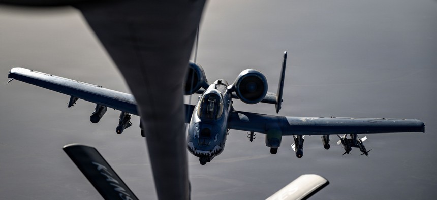 A U.S. Air Force A-10 Thunderbolt II aircraft refuels from a KC-135 Stratotanker aircraft over the U.S. Central Command area of responsibility during Operation Epic Fury, March 9, 2026.