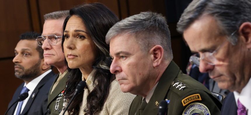 FBI Director Kash Patel, DIA Director Lt. Gen. James Adams III, DNI Tulsi Gabbard, Army Lt. Gen. William Hartman, and CIA Director John Ratcliffe testify during a Senate Intelligence Committee on March 18, 2026.
