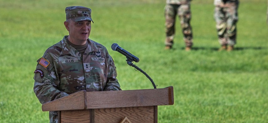 Maj. Gen. Patrick J. Ellis, commanding general of the 4th Infantry Division and Fort Carson, speaks to the audience during the division’s change of command ceremony at Founder’s Field on Fort Carson, Colorado, June 18, 2025. 