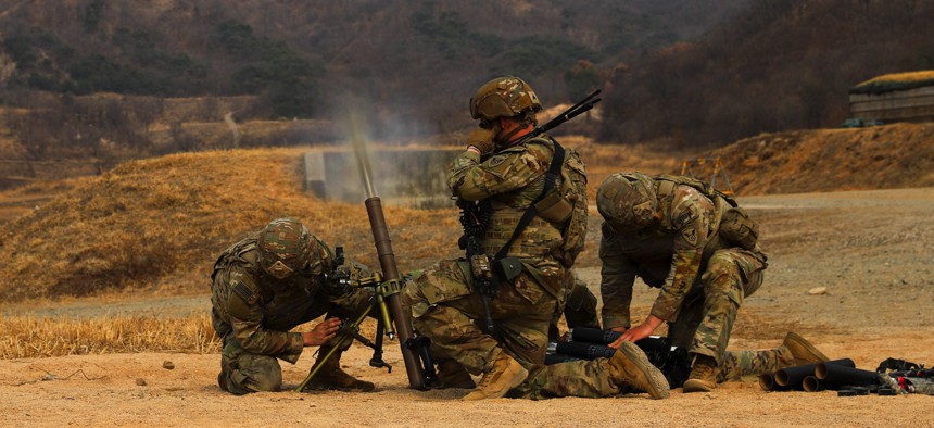 U.S. Army Soldiers assigned to 11th Airborne Division, fire a M224 Mortar during Combined Arms Live-Fire Exercise at Rodriguez Live Fire Complex, South Korea, Mar. 24, 2026.