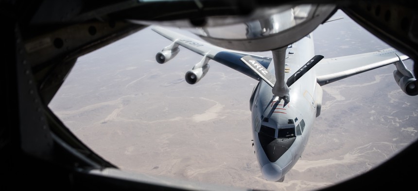 An E-3 Sentry receives fuel from a KC-135 Stratotanker over the U.S. Central Command area of responsibility Oct. 21, 2020. 