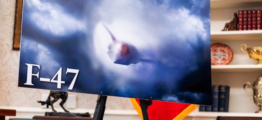A 2025 photo of an artist's conception of the Air Force's planned F-47 6th-generation fighter jet in the White House.