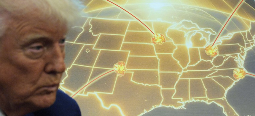 Donald Trump speaks in front of a map of his proposed Golden Dome missile-defense system in the White House on May 20, 2025.