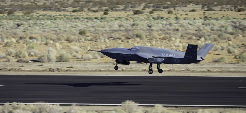 A YFQ-42A Collaborative Combat Aircraft lands after a test flight at a California test location in 2025.