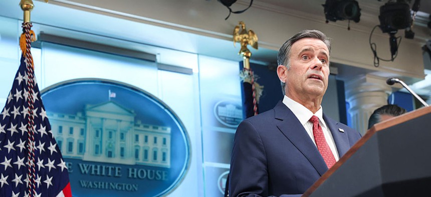 CIA Director John L. Ratcliffe speaks during a news conference in James S. Brady Press Briefing Room of the White House on April 06, 2026 in Washington, DC. President Trump spoke about the successful military mission to rescue a weapons systems officer whose F-15E Strike Eagle was shot down in Iran.