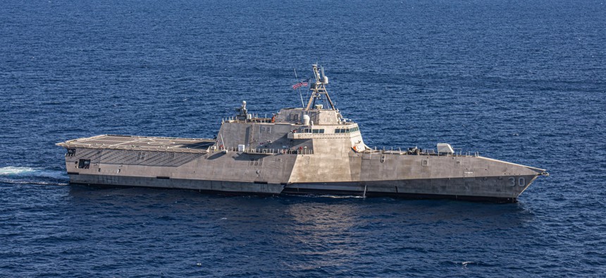 The Independence-variant littoral combat ship USS Canberra (LCS 30) sails underway for routine training in the U.S. 3rd Fleet operating area, June 2.