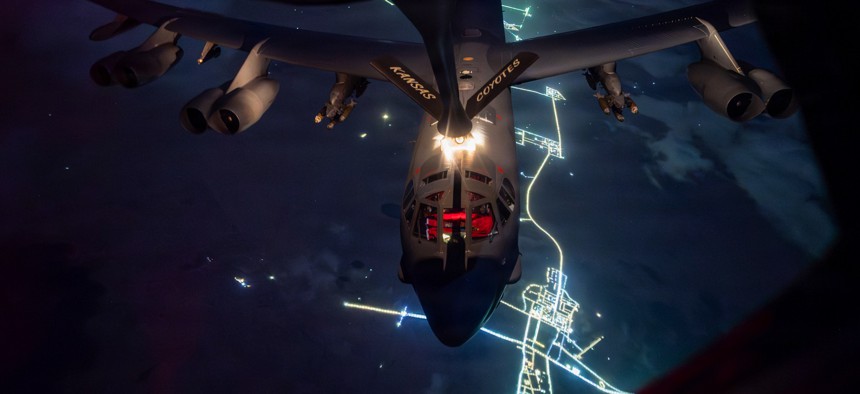 A U.S. Air Force B-52 Stratofortress aircraft refuels from a KC-135 Stratotanker aircraft over the U.S. Central Command area of responsibility during Operation Epic Fury, March 26, 2026.