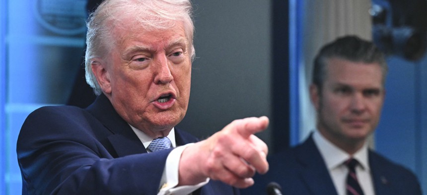 President Donald Trump, alongside Defense Secretary Pete Hegseth, speaks about the conflict in Iran in the James S. Brady Press Briefing Room of the White House on April 6, 2026.