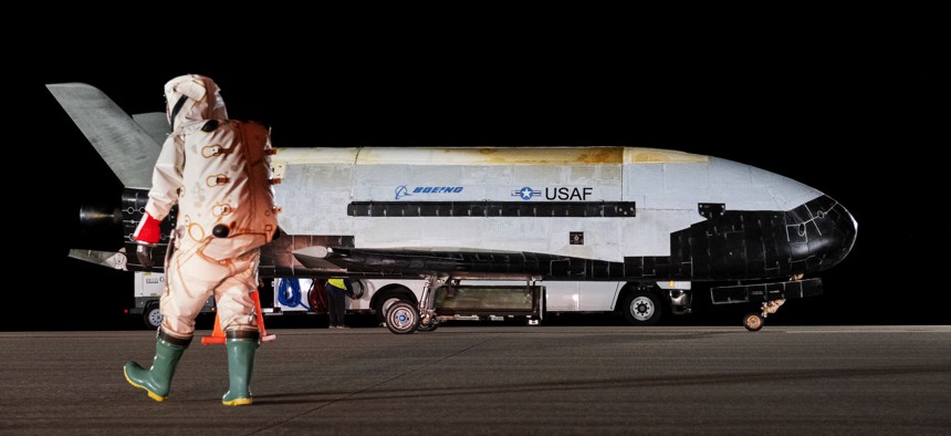 The X-37B Orbital Test Vehicle-6 sits on the flightline at NASA’s Kennedy Space Center, Fla., Nov. 12. 2022, after completing its sixth mission.