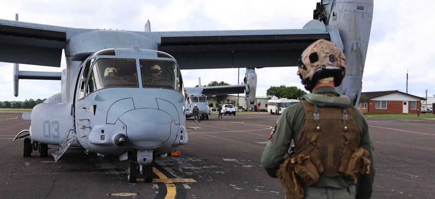Army aviators participate in a familiarization flight of the MV-22 Osprey with members of the Marine Corps Marine Medium Tiltrotor Training Squadron 204 (VMMT-204) at Marine Corps Air Station New River at Fort Rucker on July 24, 2025.