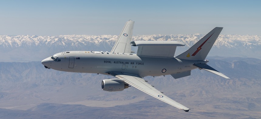 A Royal Australian Air Force E-7A Wedgetail soars over Southern California in 2025.