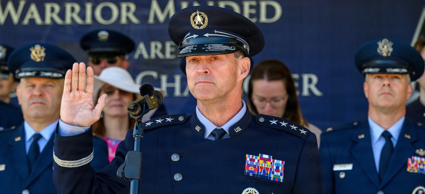 Chief of Space Operations Gen. Chance Saltzman administers the oath of office during the Officer Training School Class 26-08 graduation ceremony, marking the commissioning of the Air Force’s newest officers. 