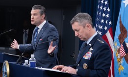 Defense Secretary Pete Hegseth speaks alongside Chairman of the Joint Chiefs of Staff General Dan Caine during a press briefing at the Pentagon in Washington, D.C., on April 16, 2026.