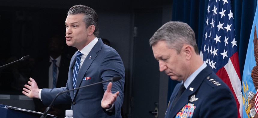 Defense Secretary Pete Hegseth speaks alongside Chairman of the Joint Chiefs of Staff General Dan Caine during a press briefing at the Pentagon in Washington, D.C., on April 16, 2026.