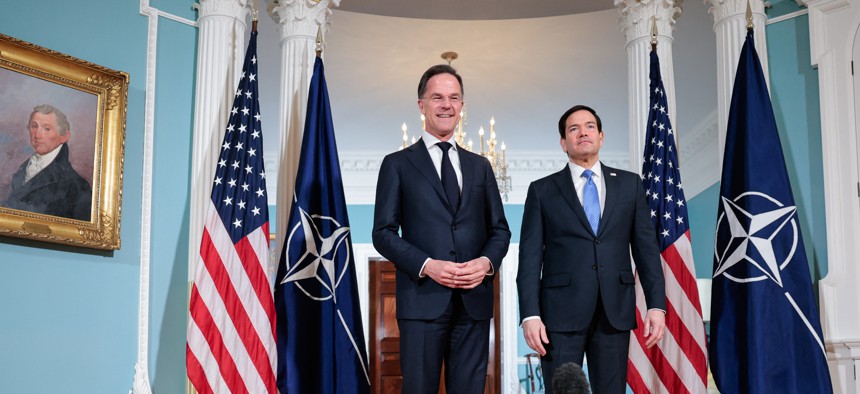 US Secretary of State Marco Rubio meets with NATO Secrertary General Mark Rutte at the State Department in Washington, D.C., on April 8, 2026.