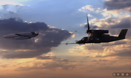 An artist's conception depicts an MV-75 with a notional aerial refueling port operating from a notional unmanned tanker.