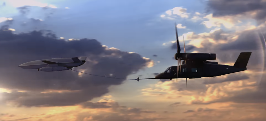 An artist's conception depicts an MV-75 with a notional aerial refueling port operating from a notional unmanned tanker.