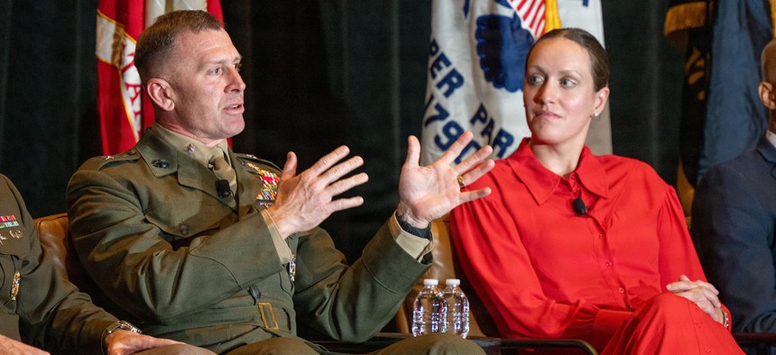 Chief of Naval Research Dr. Rachel Riley (right) and Vice Chief of Naval Research Brig. Gen. Dustin J. Byrum participate in a Sea-Air-Space 2026 panel on April 21, 2026.