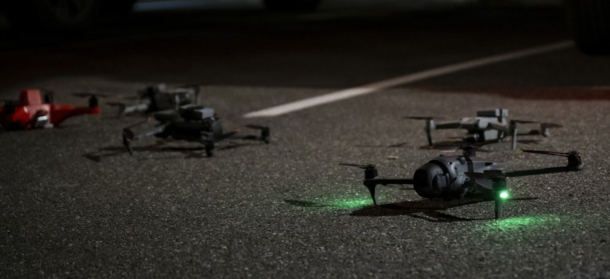 Drones are prepared for use at a March 2026 exercise led by Joint Interagency Task Force 401 at Joint Base Andrews, Maryland, on March 18, 2026. 