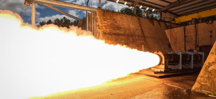 A Zeus solid rocket is hot-fire tested at L3Harris’ factory in Camden, Arkansas.
