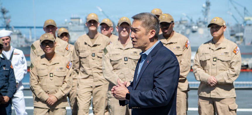 Hung Cao, who at the time was Navy undersecretary, spoke to the crew of the littoral combat ship Cincinnati in San Diego.