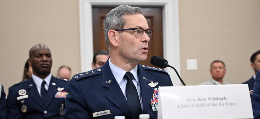 Air Force Chief Gen. Kenneth Wilsbach testifies before a House Subcommittee on Defense hearing on Capitol Hill on April 30, 2026. 