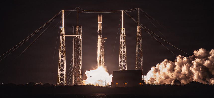 A Falcon 9 rocket carrying the GPS III-8 mission successfully launches from Space Launch Complex 40 at Cape Canaveral Space Force Station, Florida, on April 21, 2026. 