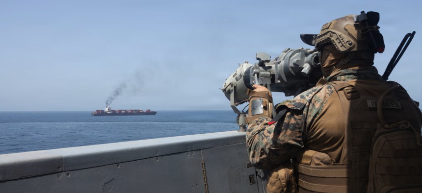 In this handout photo provided by U.S. Central Command, U.S. forces patrol the Arabian Sea near M/V Touska on April 20, 2026.