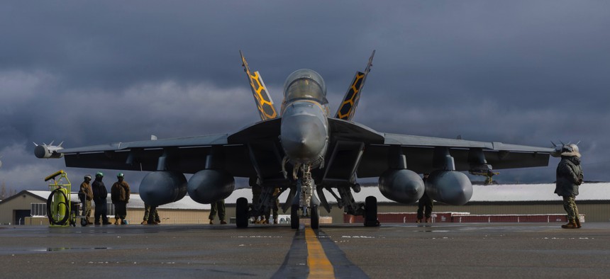 A U.S. Navy EA-18G Growler with Electronic Attack Squadron (VAQ) 138 prepares for takeoff during exercise RED FLAG-Alaska 26-1 at Eielson Air Force Base, Alaska, April 21, 2026.